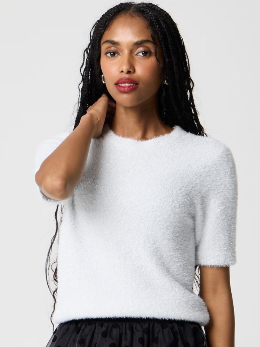 NWT J. Crew Fuzzy Short-Sleeve Crewneck Tinsel Sweater (Silver) Size Small